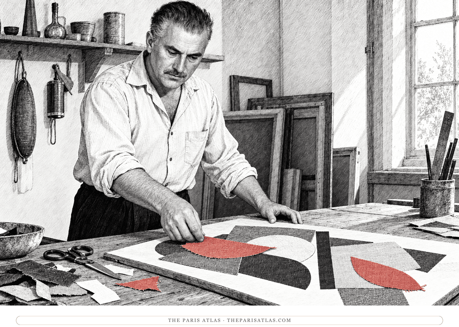 Jean Varda arranges cut fabric and paper shapes on a board in his early California studio.