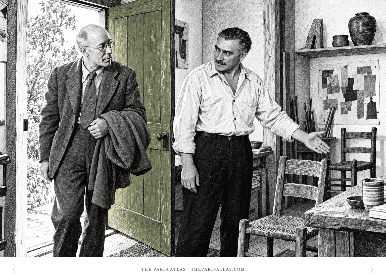 Varda welcomes Henry Miller through an open studio doorway, gesturing toward a simple room with handmade furnishings.