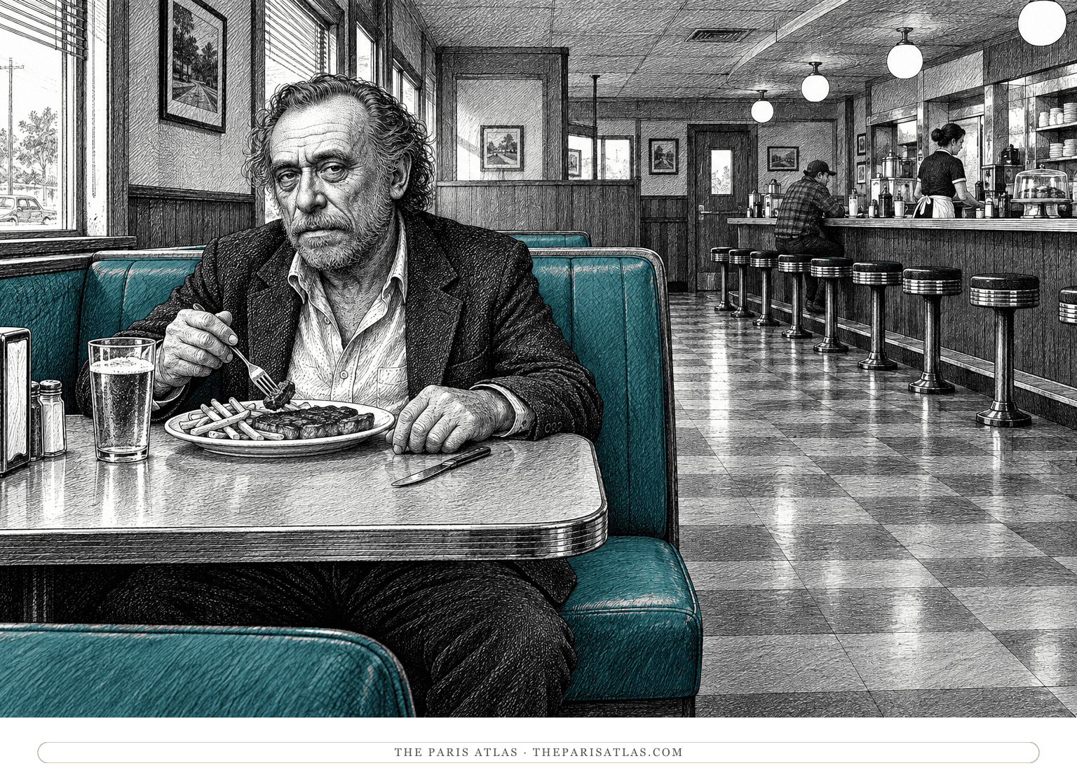 A man with Bukowski’s features eats alone in a diner booth, separated from two people at a distant counter.
