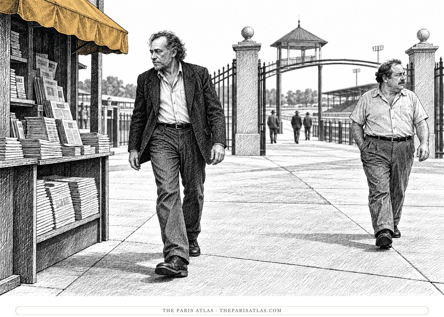 A man with Bukowski’s features steps toward newspaper stands, separating from another man near a track entrance.