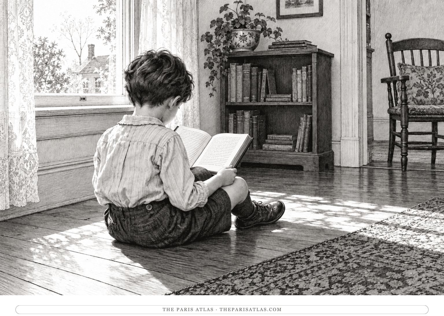 A young boy sits on the floor with an open book in a quiet early-twentieth-century room, viewed from behind.