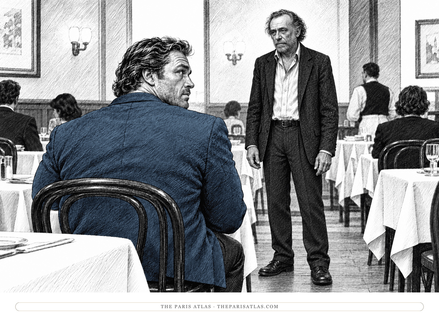 A man with Bukowski’s features stands behind a broad-shouldered seated man who glances back from a restaurant chair.
