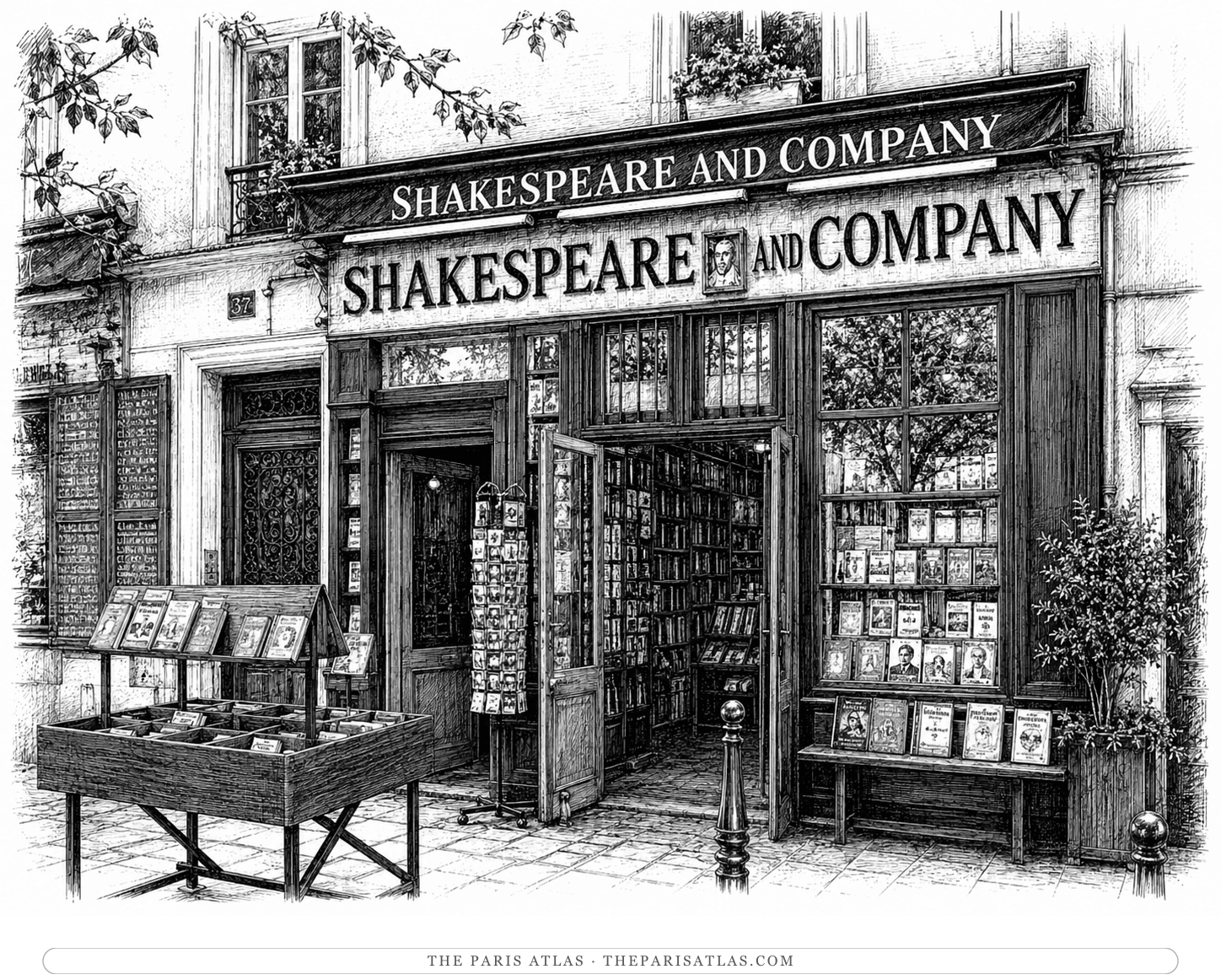 Pen-and-ink illustration of the original Shakespeare and Company shopfront at 12 rue de l'Odéon, books racked outside the windows