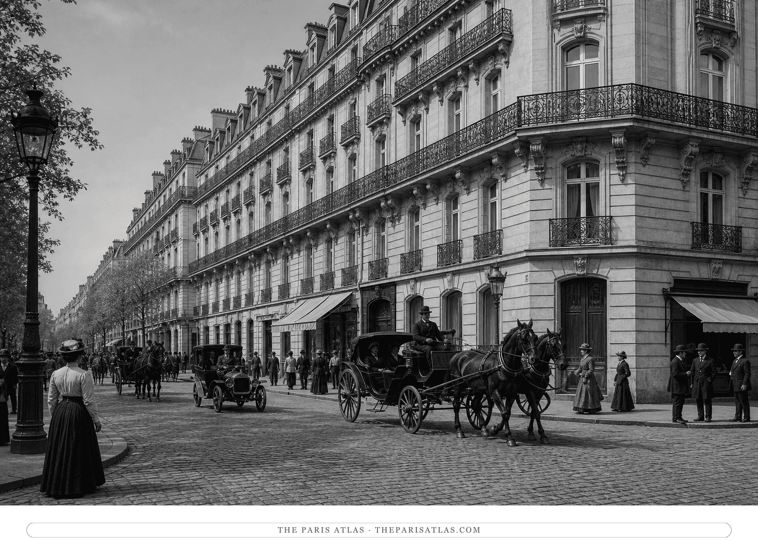 Black-and-white reconstruction of boulevard Haussmann street life in 1907