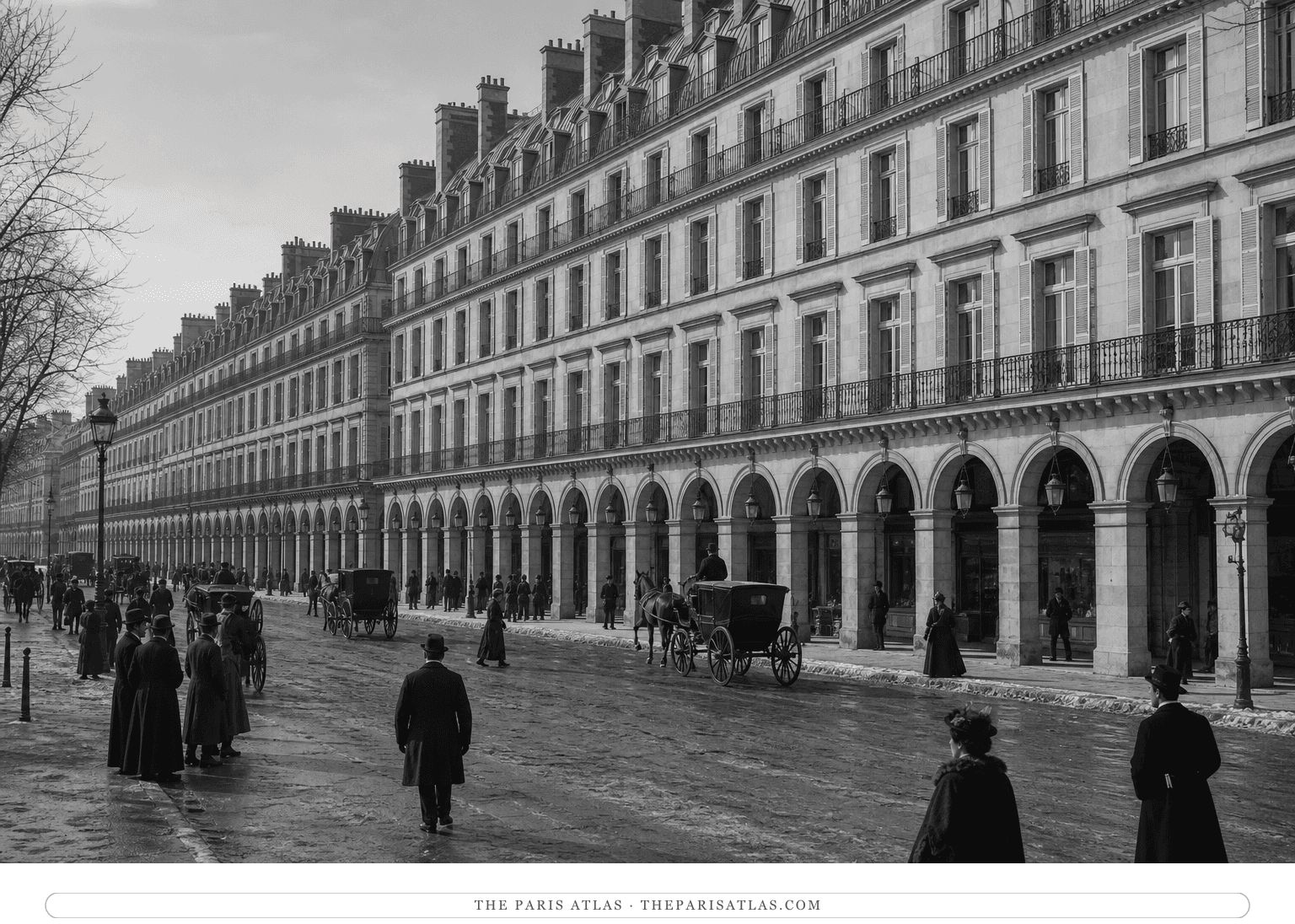 Black-and-white reconstruction of the rue de Rivoli arcades in winter 1899