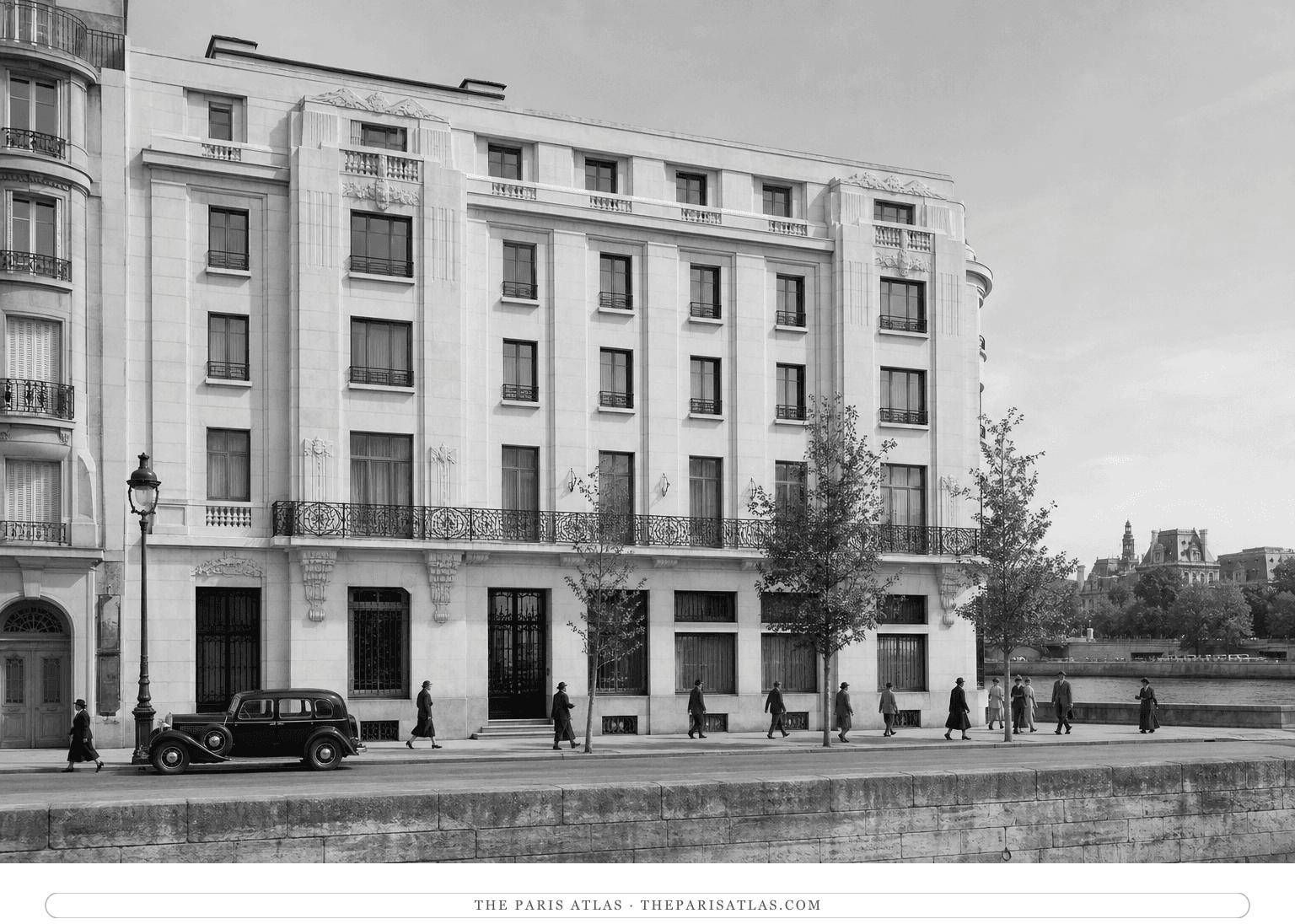 Black-and-white reconstruction of the newly completed building at 24 quai de Béthune in 1938