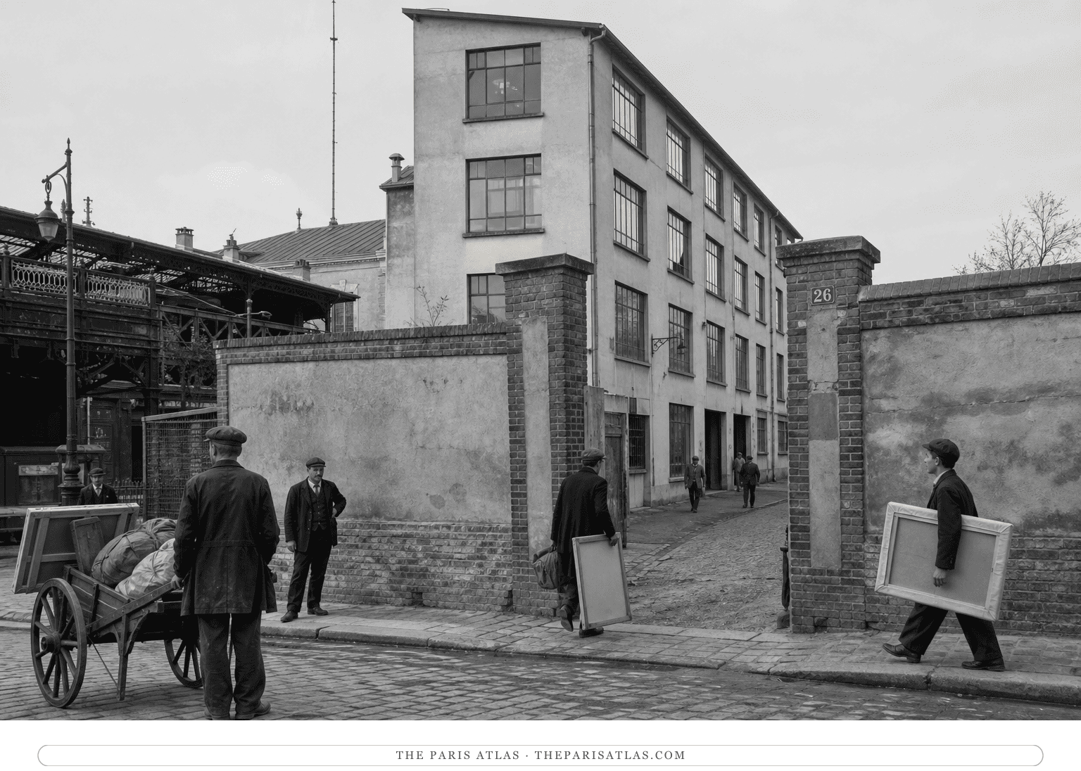 Black-and-white reconstruction of the studio gate and work building around 1913