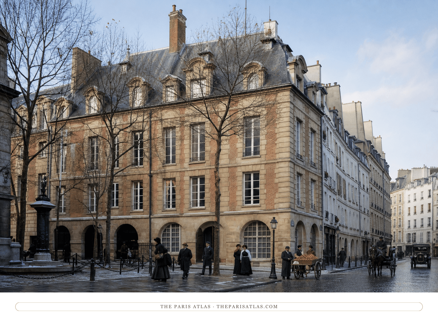 Natural-color reconstruction of pedestrians, carriage and early motorcar at Place Dauphine in 1901