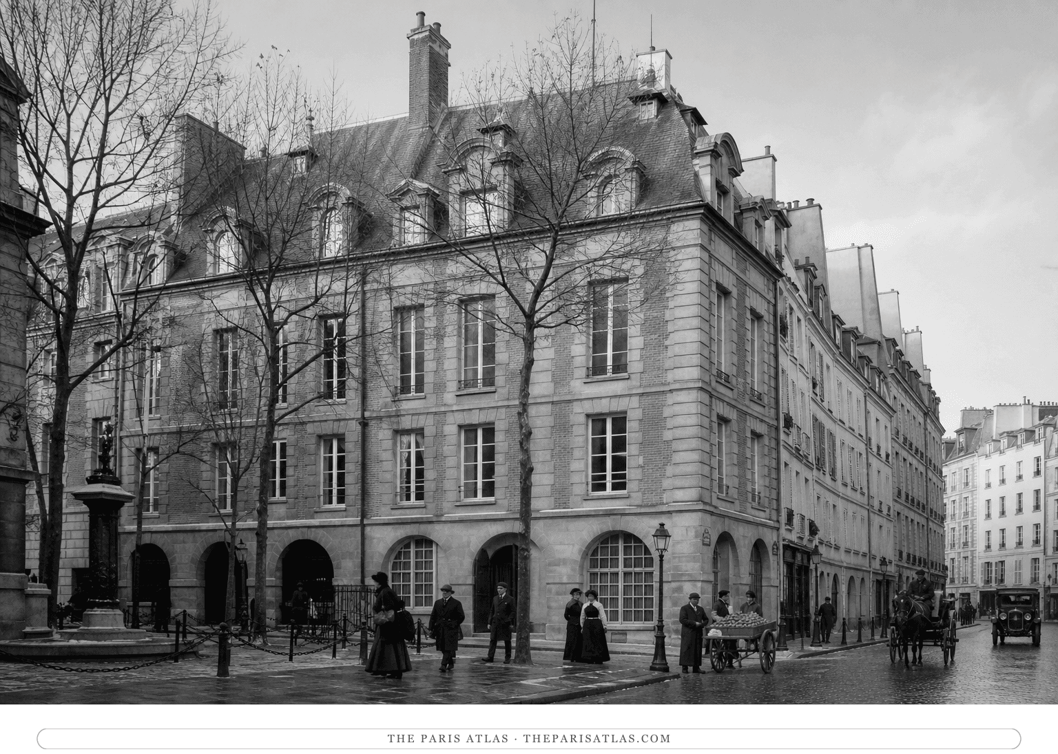 Black-and-white reconstruction of number 28 and winter street life in 1901