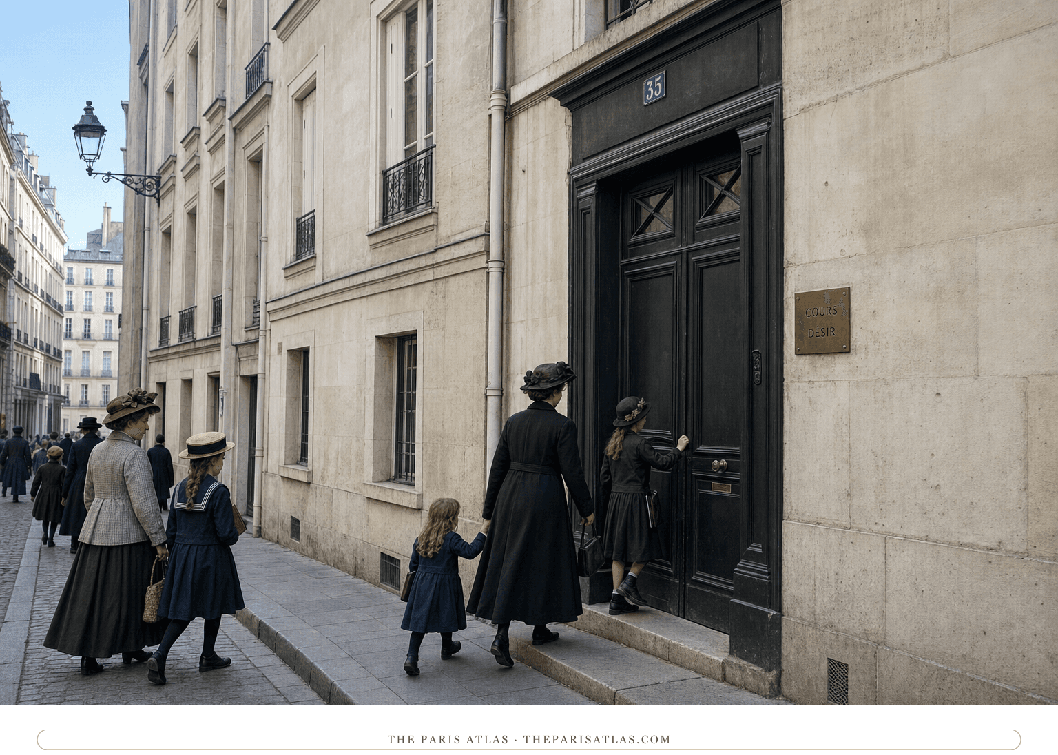 Natural-color reconstruction of mothers and pupils at the Cours Désir entrance around 1916