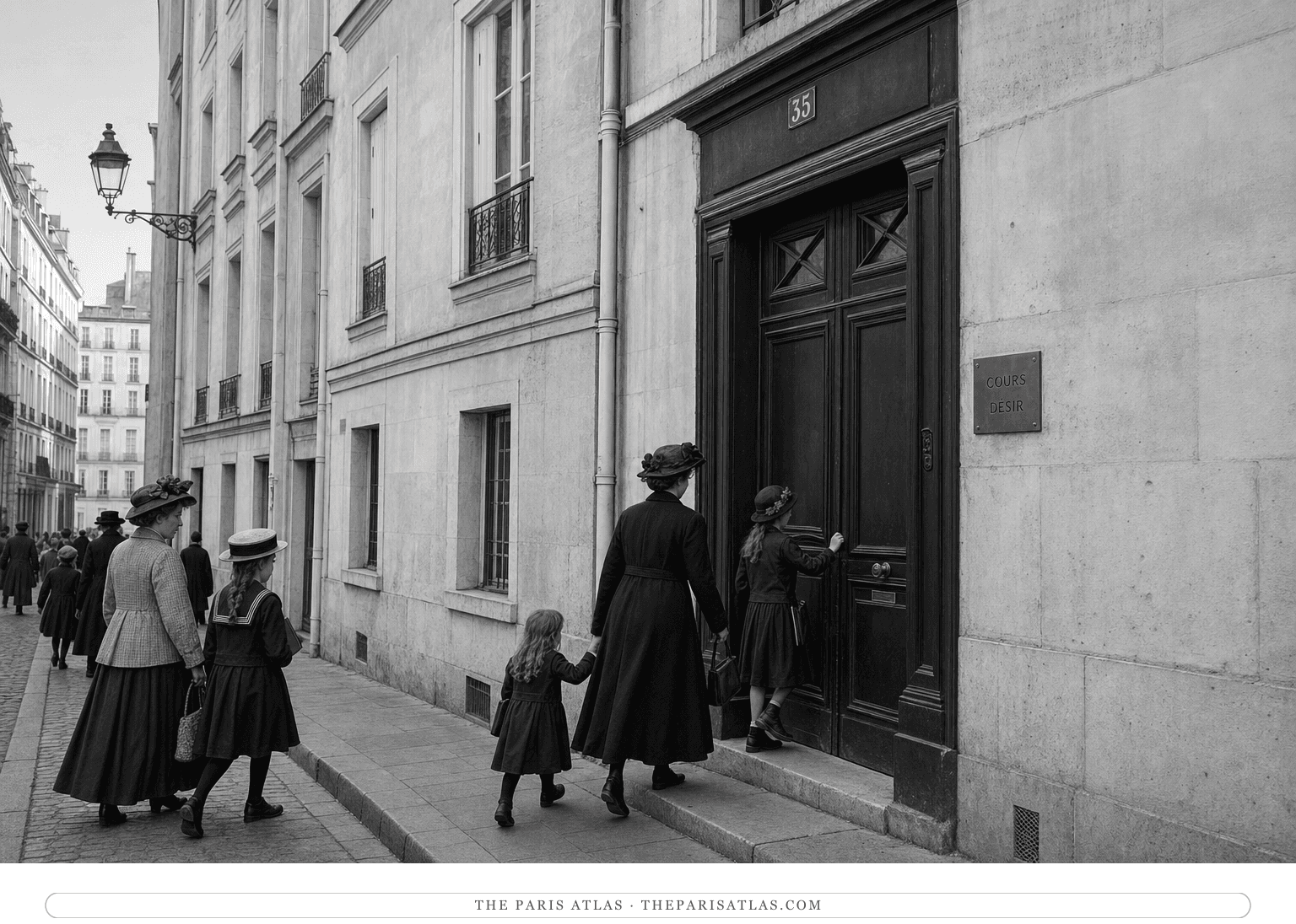 Black-and-white reconstruction of pupils arriving at Cours Désir around 1916