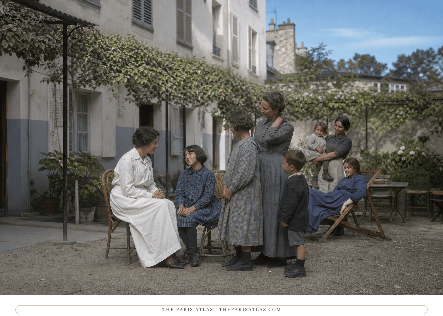 Colour photorealistic reconstruction of the refugee rest-house garden in 1918