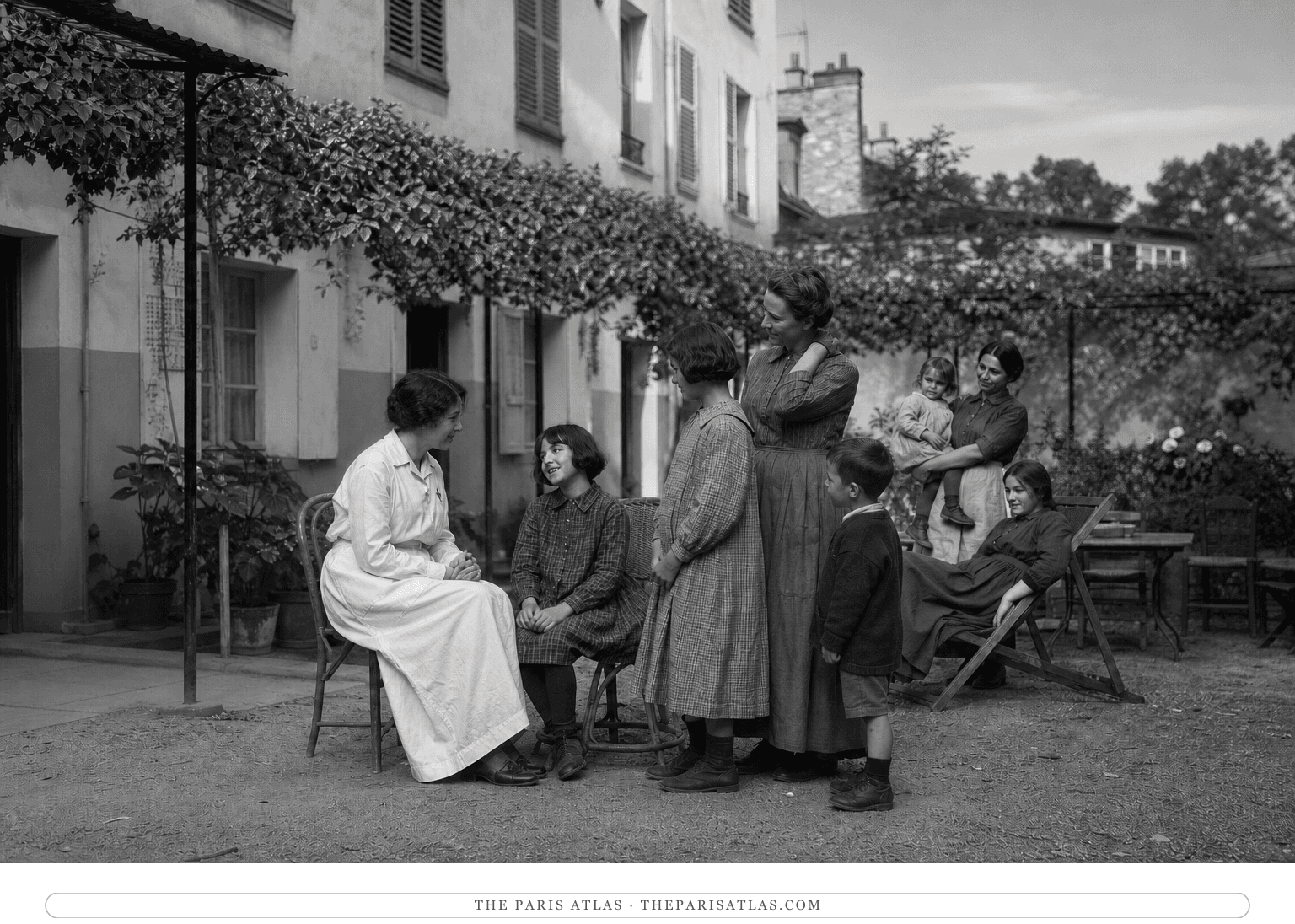 Black-and-white photorealistic reconstruction of the American Hostels for Refugees rest house in 1918