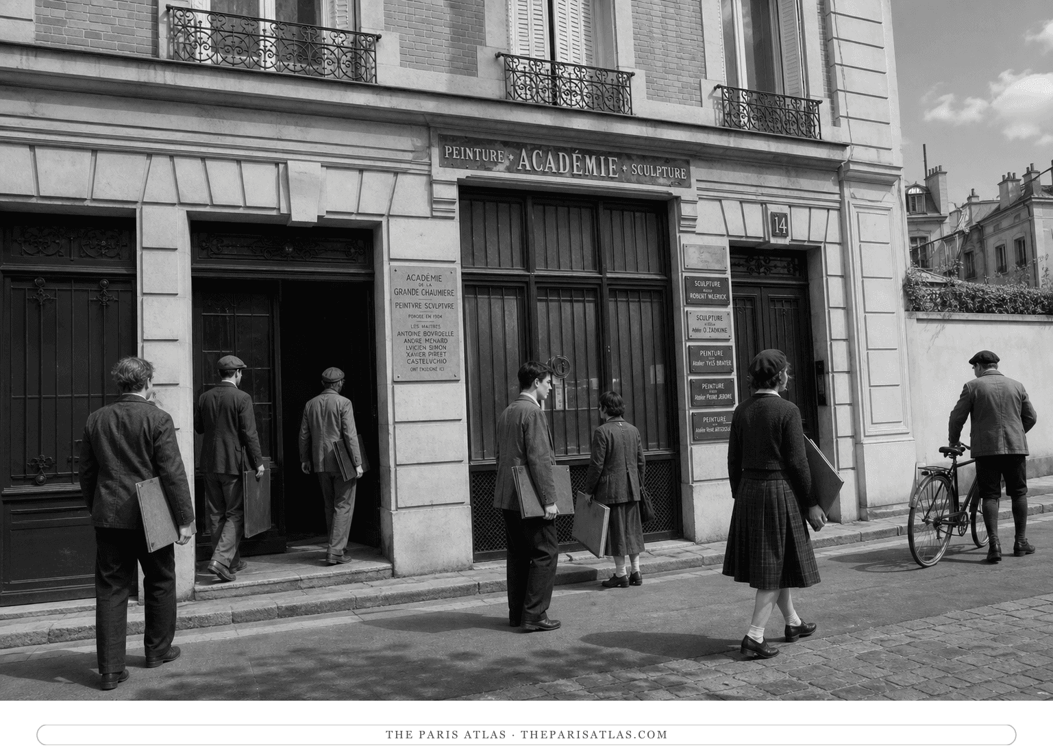 Black-and-white reconstruction of students outside the Académie de la Grande Chaumière around 1935