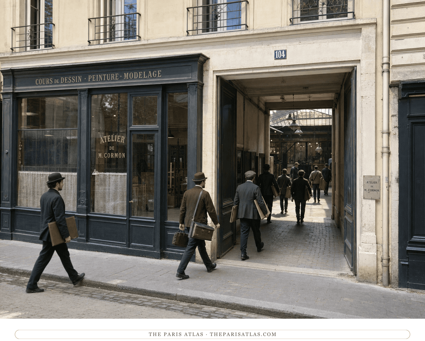 Natural-color reconstruction of anonymous art students entering Atelier Cormon circa 1886