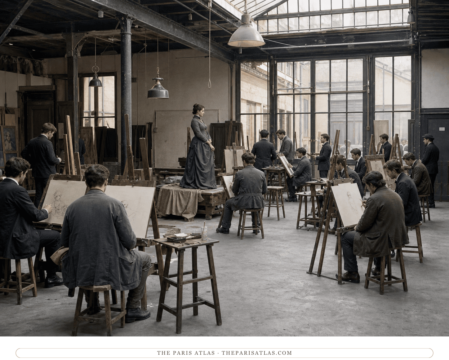 Anonymous students drawing a fully clothed model in Atelier Cormon circa 1886