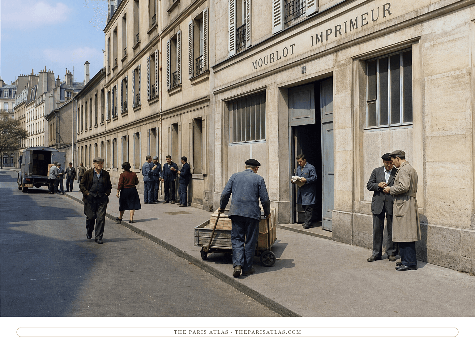 Natural-color reconstruction of workers outside the Mourlot printing workshop around 1952
