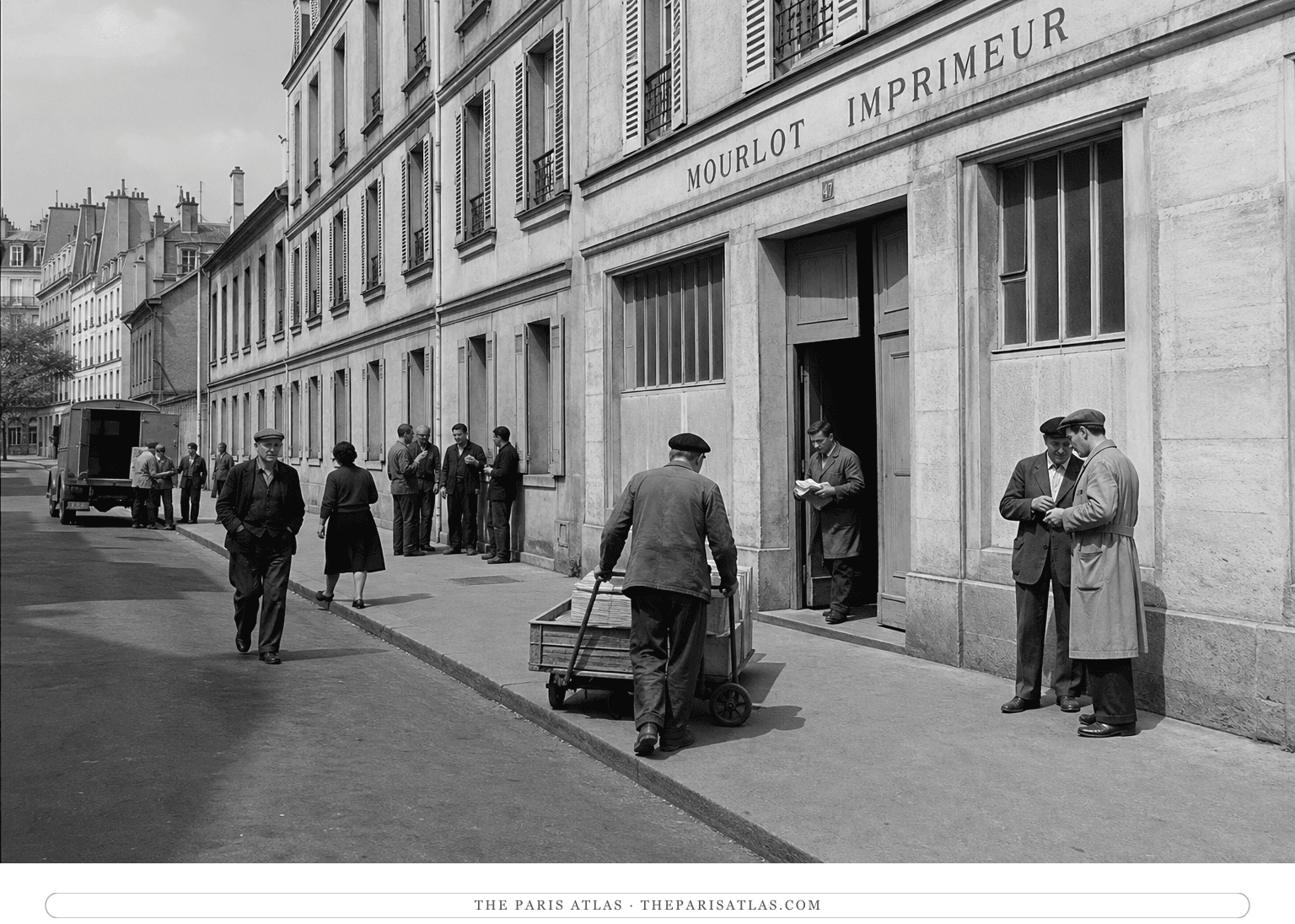Black-and-white reconstruction of printers and deliveries outside Atelier Mourlot around 1952