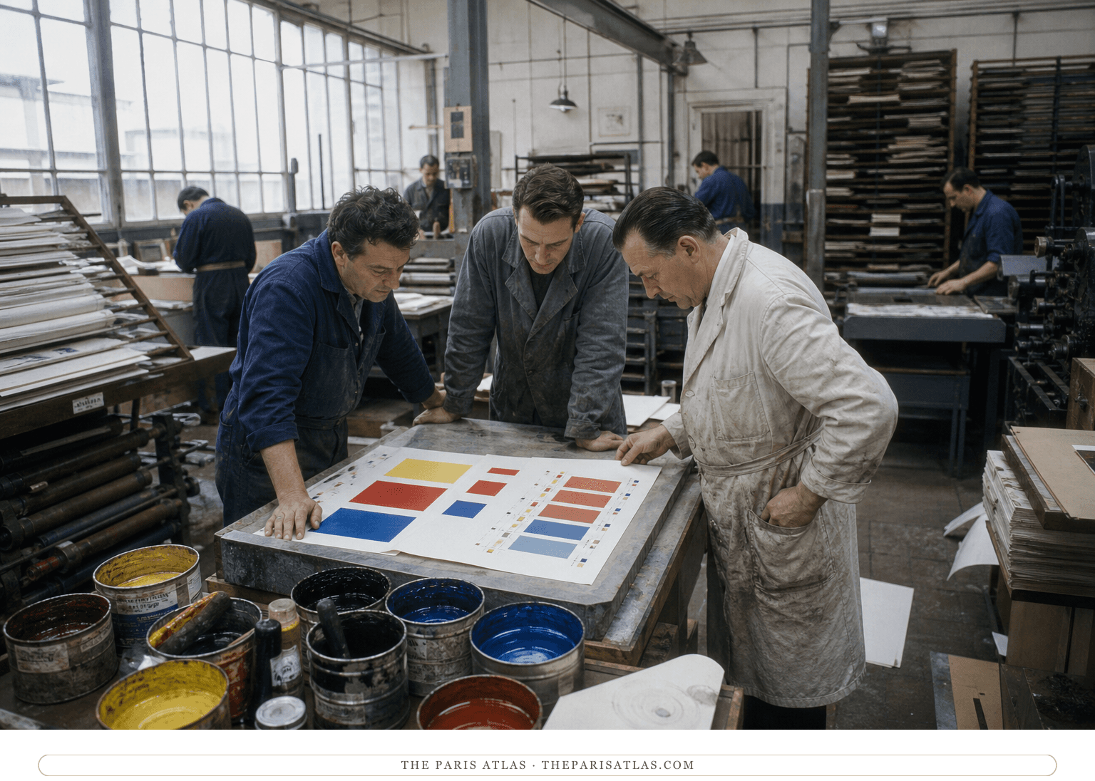 Printers comparing anonymous color-separation proofs in a reconstructed Mourlot workroom