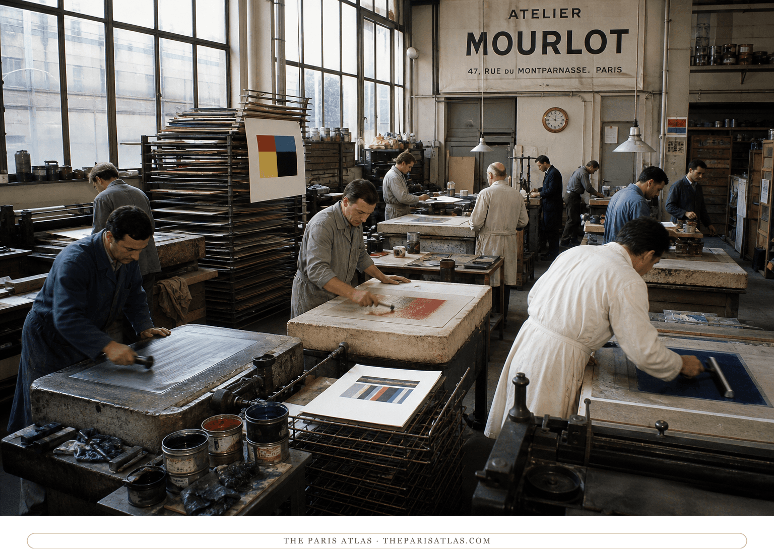 Natural-color reconstruction of printers working at lithographic presses inside Atelier Mourlot