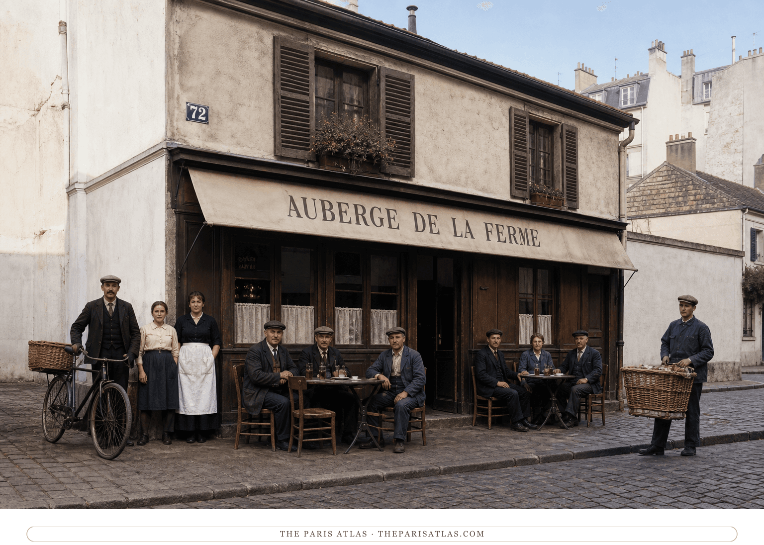 Natural-color reconstruction of staff and neighbors outside the Auberge de la Ferme in 1929