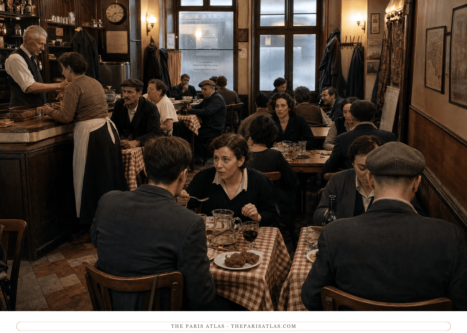 Natural-color reconstruction of a crowded working-class dining room at the auberge in 1929