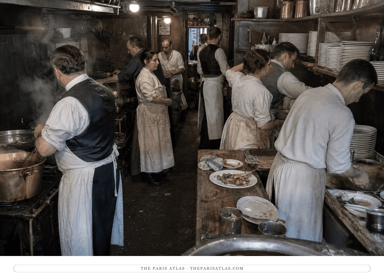 Cooks, servers and plongeurs working in a cramped reconstructed 1929 restaurant kitchen
