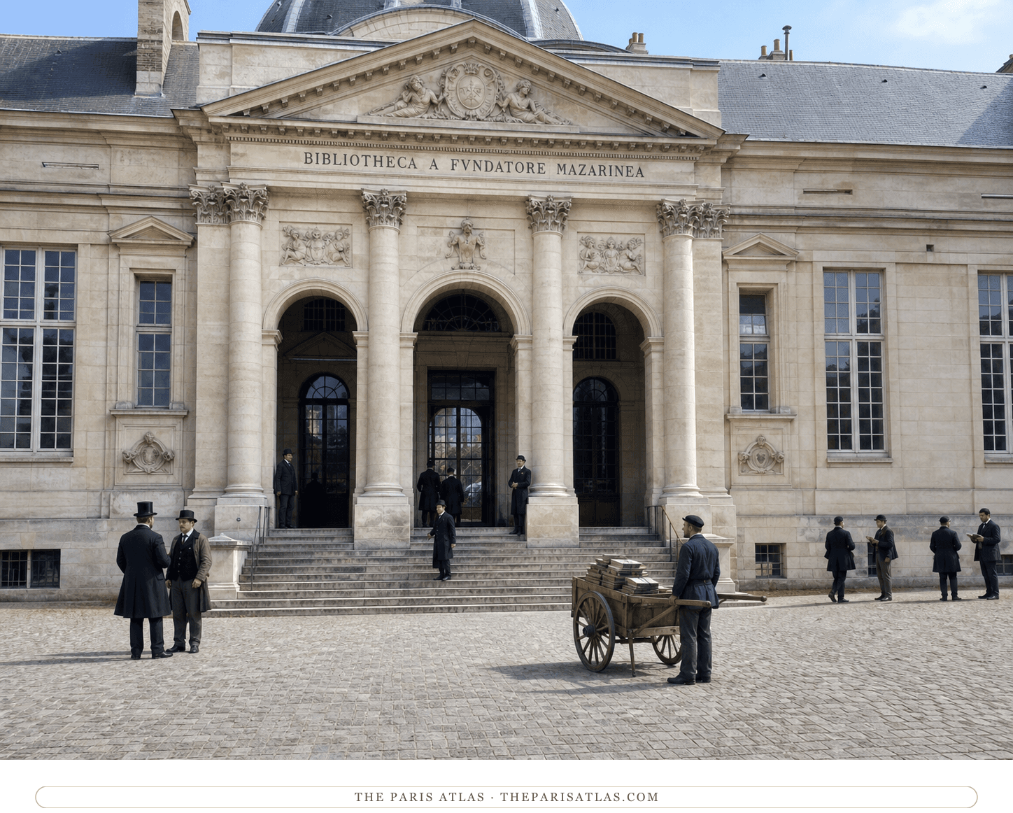 Color reconstruction of readers, attendants and a book-delivery cart at the Bibliothèque Mazarine around 1895