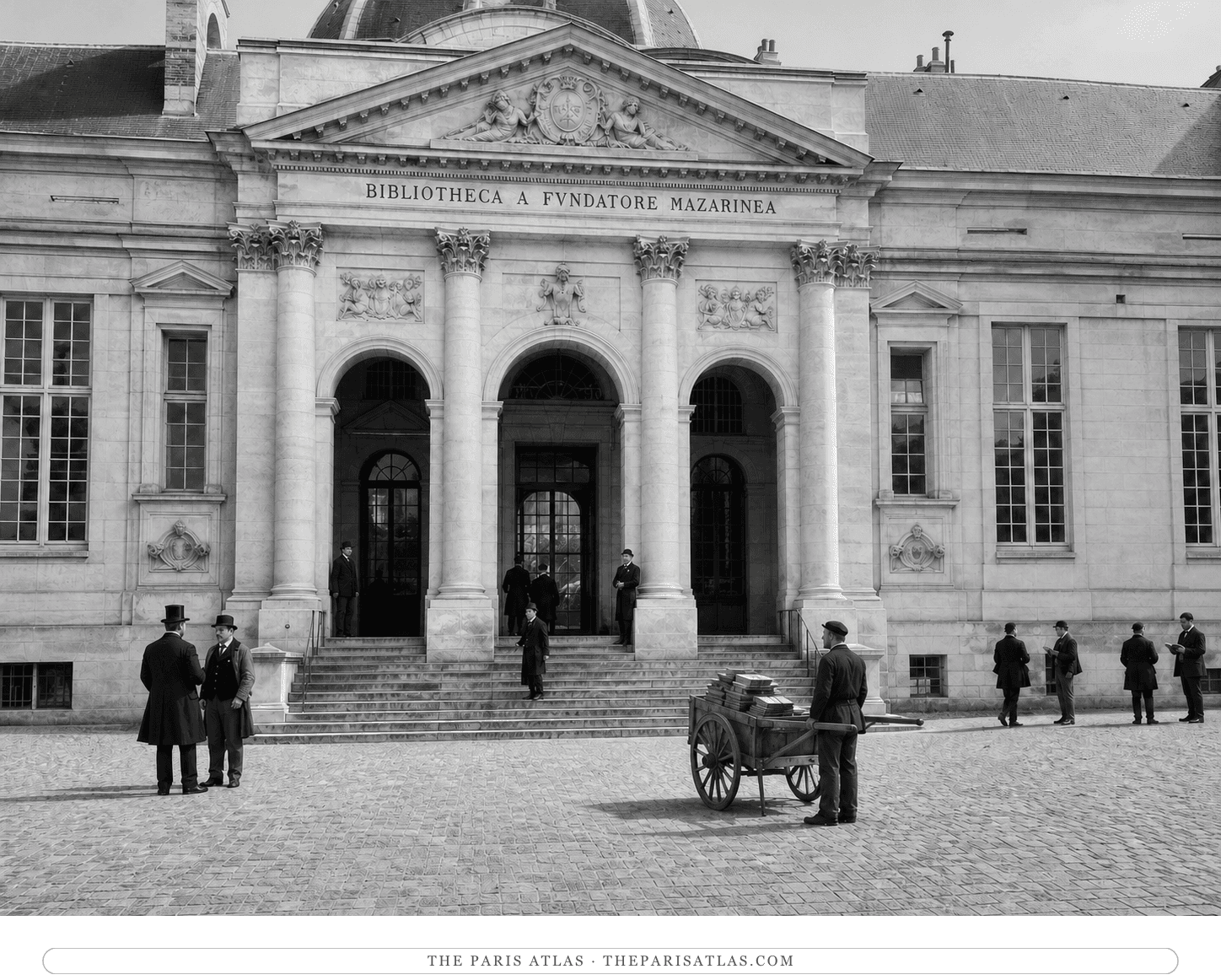 Black-and-white reconstruction of scholars and a book cart outside the Bibliothèque Mazarine around 1895