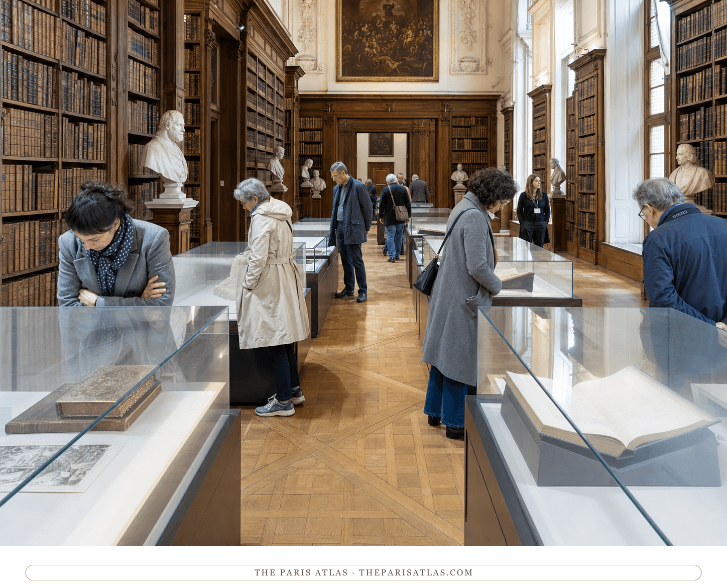 Visitors examining books and prints in exhibition cases at the Bibliothèque Mazarine