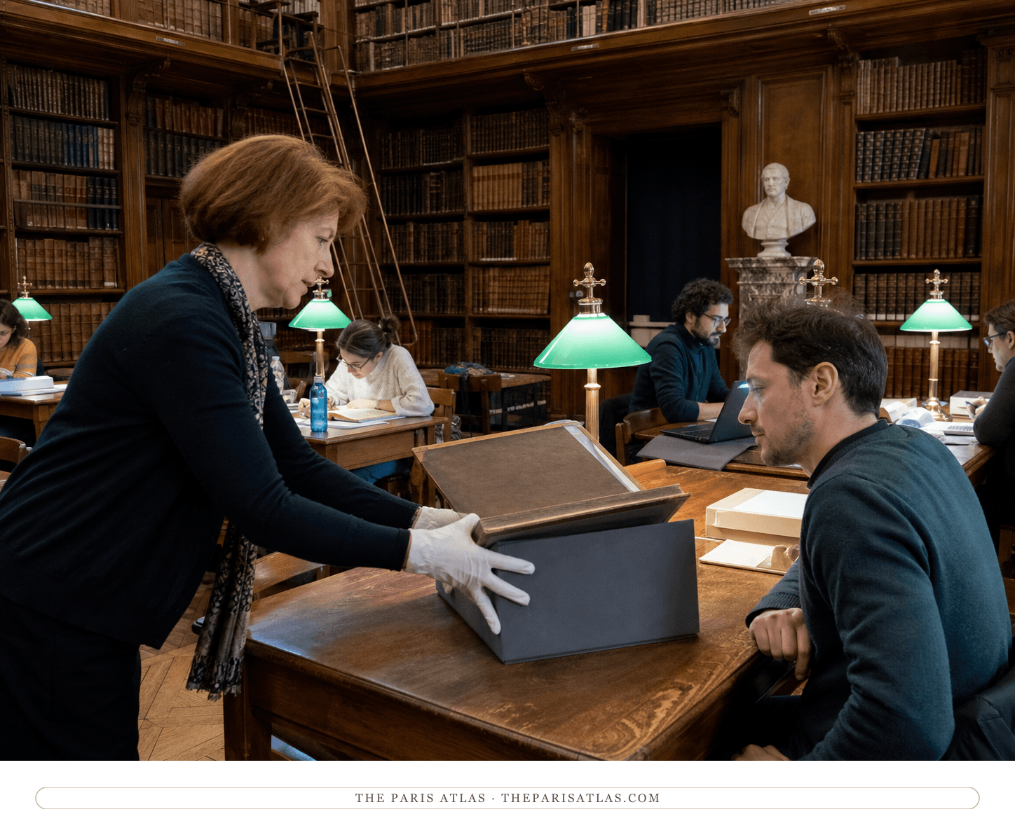 A librarian placing a protected folio before a reader in the Bibliothèque Mazarine