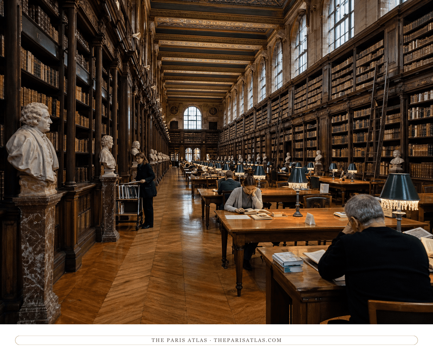 Readers working beneath green lamps in the long wood-lined Bibliothèque Mazarine reading gallery
