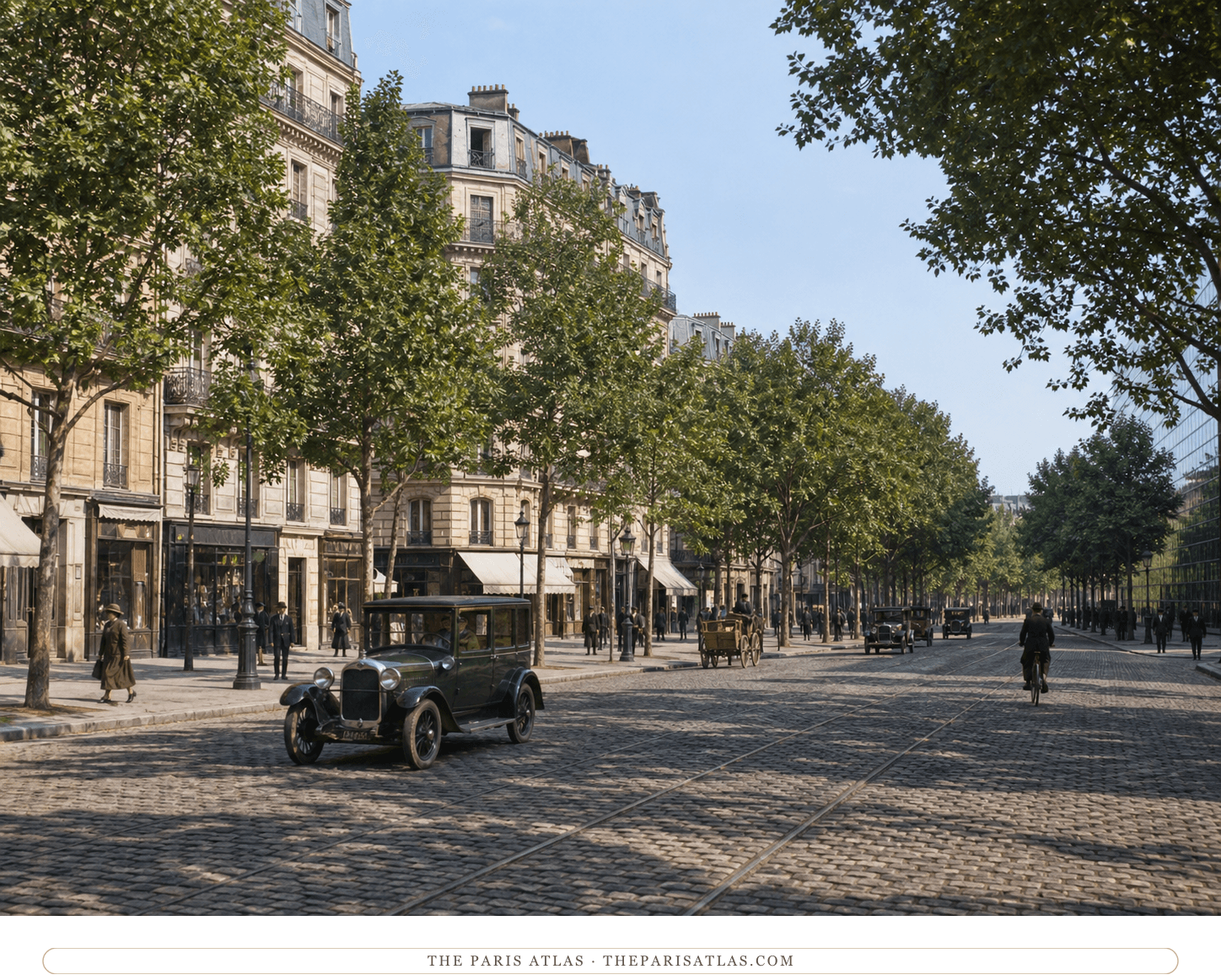 Natural-color reconstruction of Boulevard de Port-Royal with 1920s traffic and pedestrians