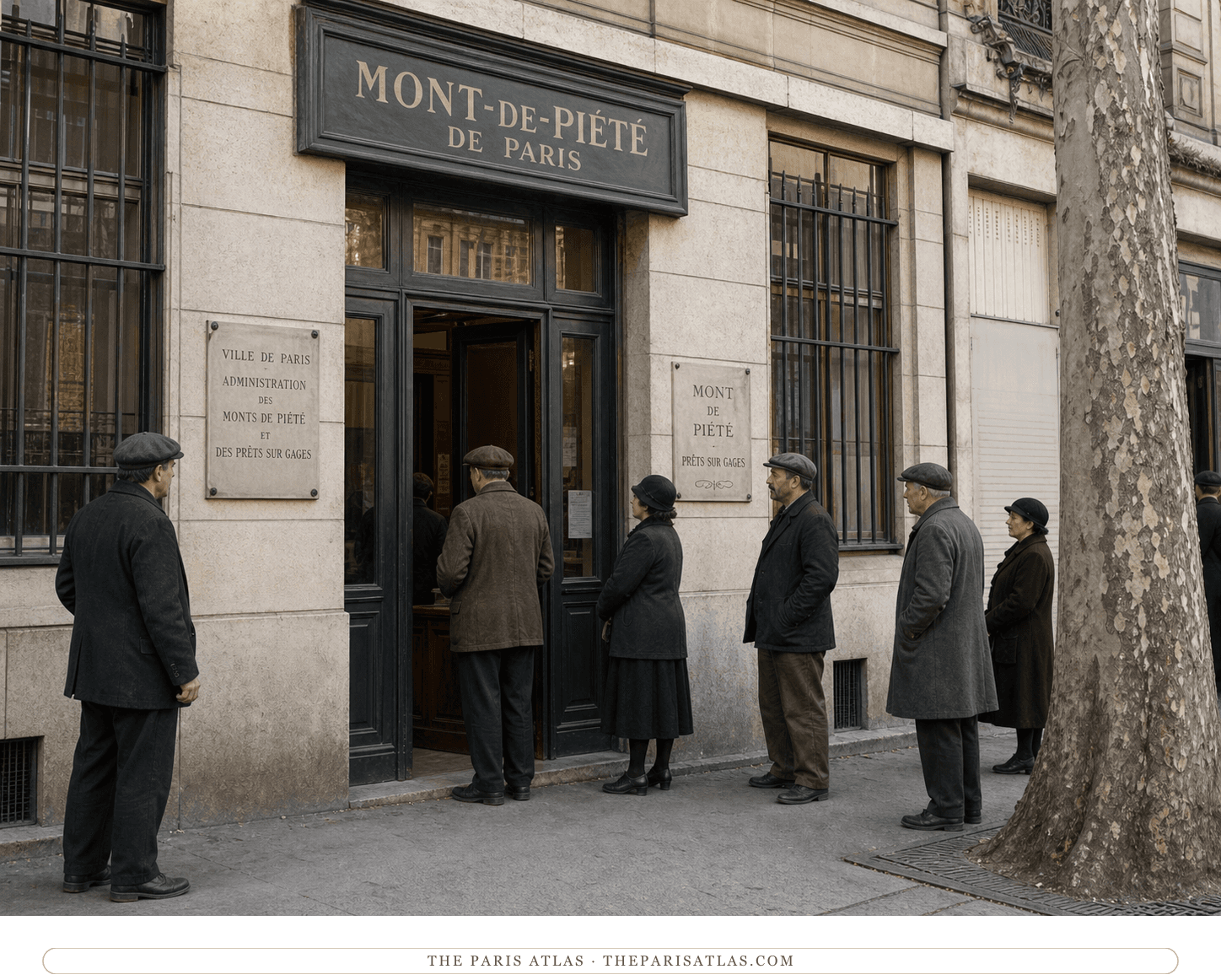 Interpretive natural-color view of an unidentified Paris municipal pawnshop entrance around 1929