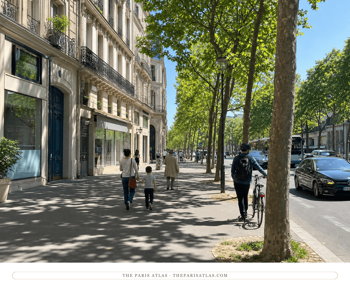 Present-day pedestrians on a shaded tree-lined sidewalk of Boulevard de Port-Royal