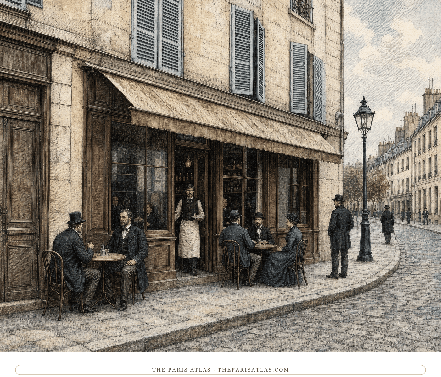 Colour historical impression of a modest Batignolles café in the late 1860s