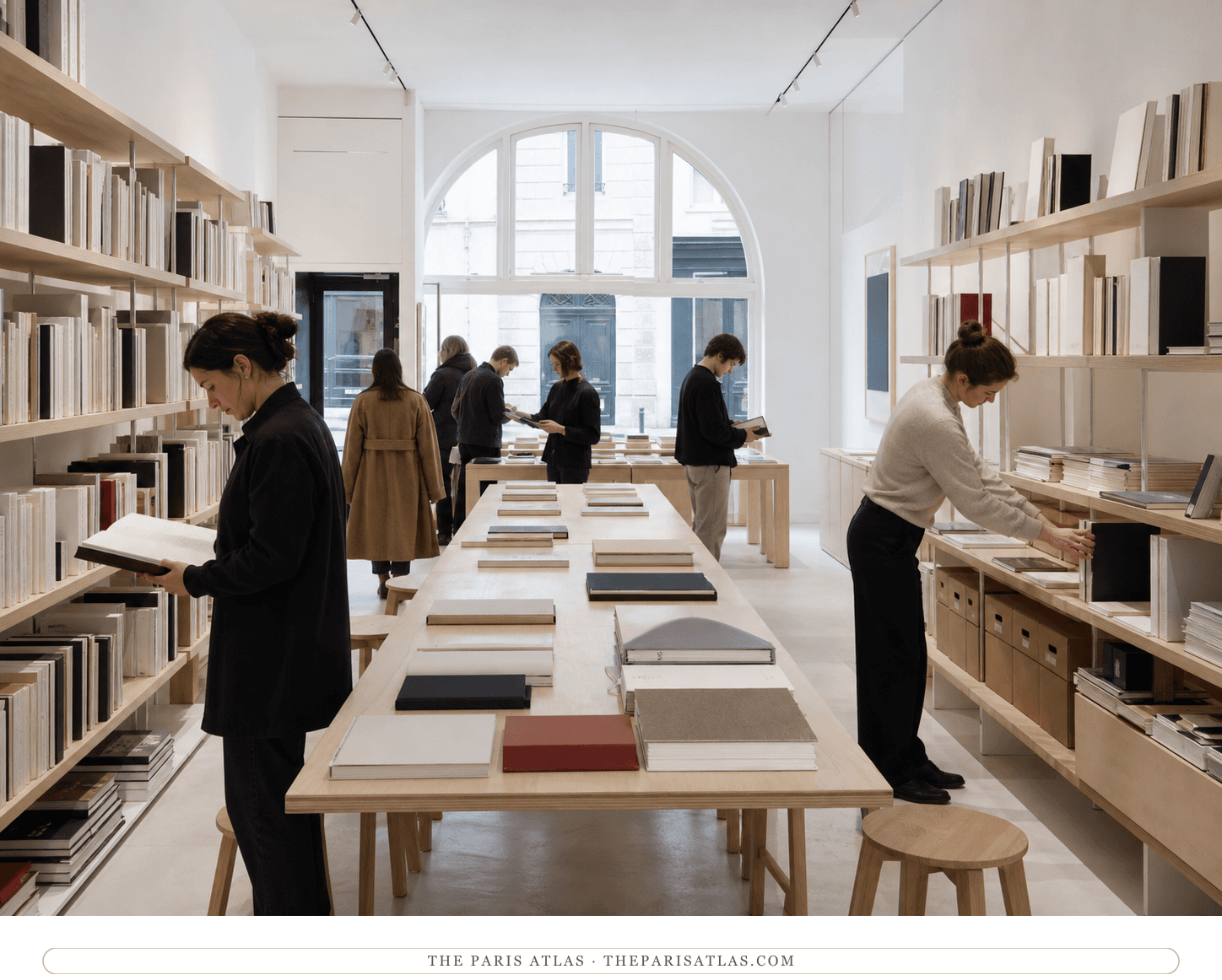 Visitors browsing neutral art books in the bright Cahiers d'Art editions room