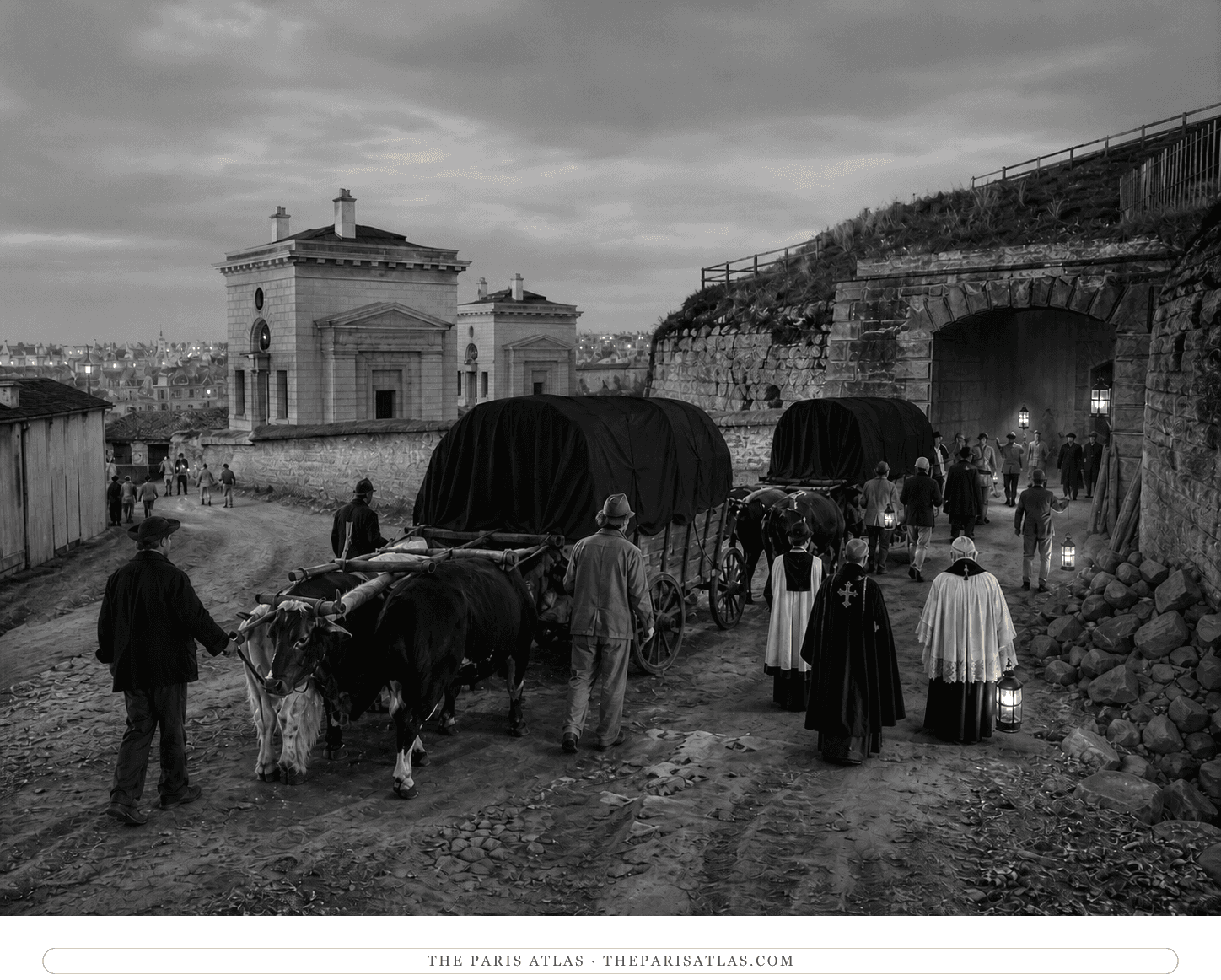 Black-and-white reconstruction of covered bone-transfer carts approaching the quarry in 1786