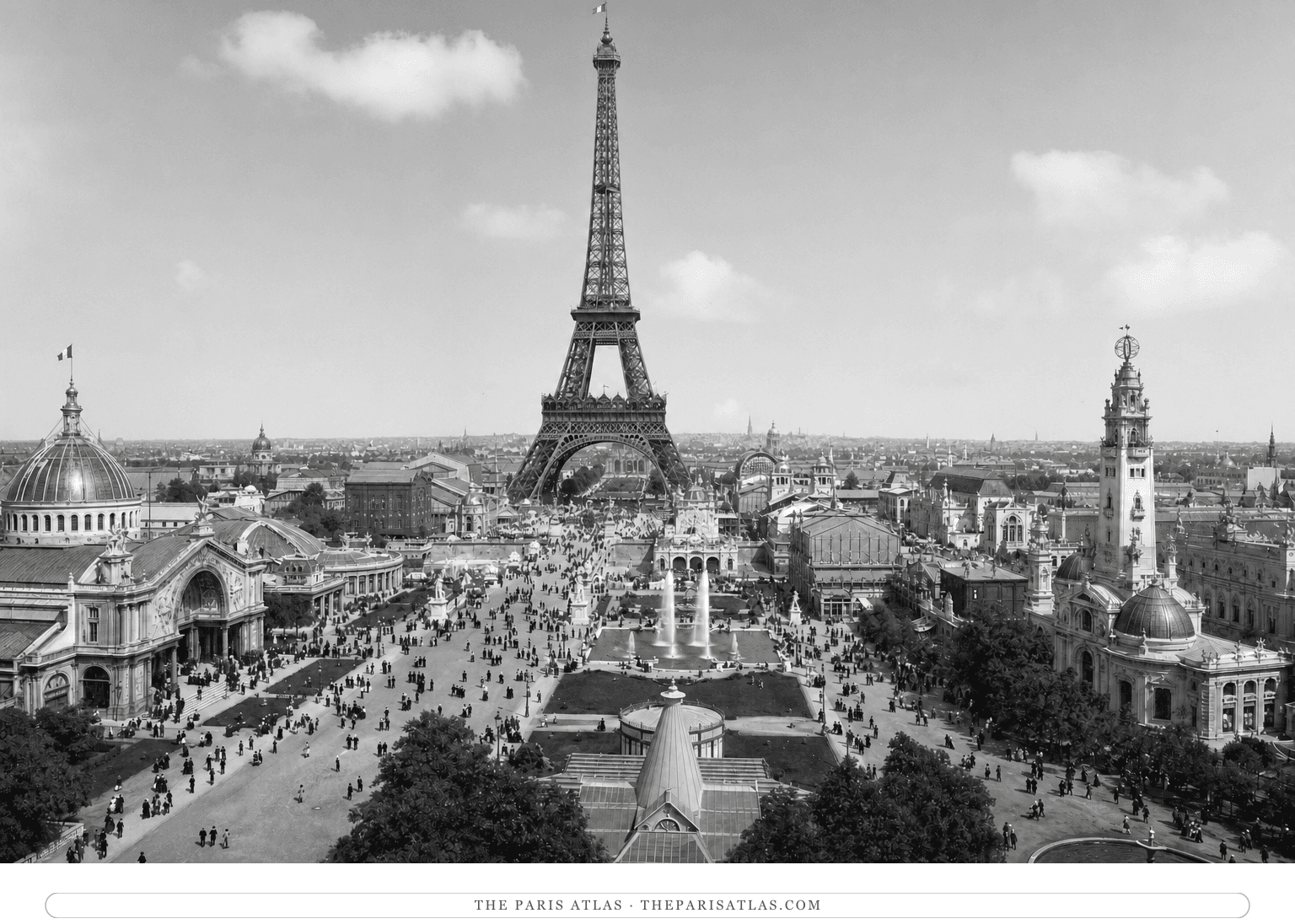 Black-and-white photorealistic reconstruction of the Champ-de-Mars during the 1889 Exposition Universelle