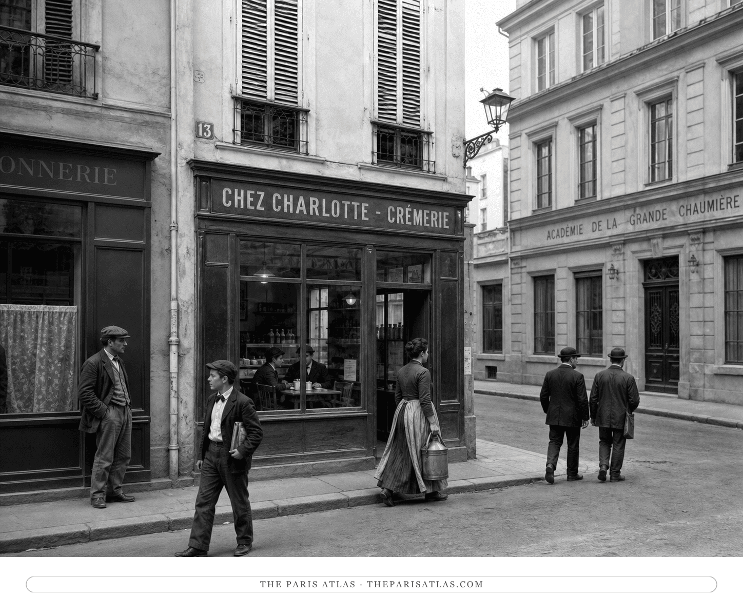 Black-and-white reconstruction of Madame Charlotte's crémerie circa 1895