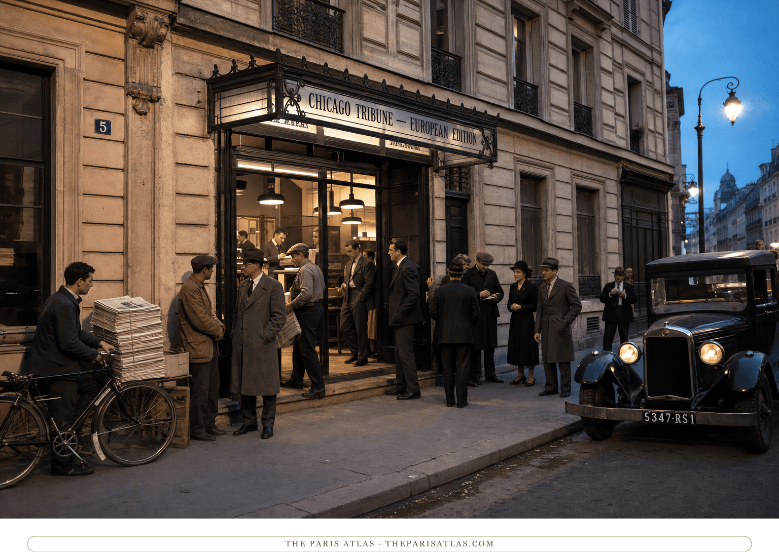 Natural-color reconstruction of journalists and newspaper couriers outside 5 rue Lamartine in 1931