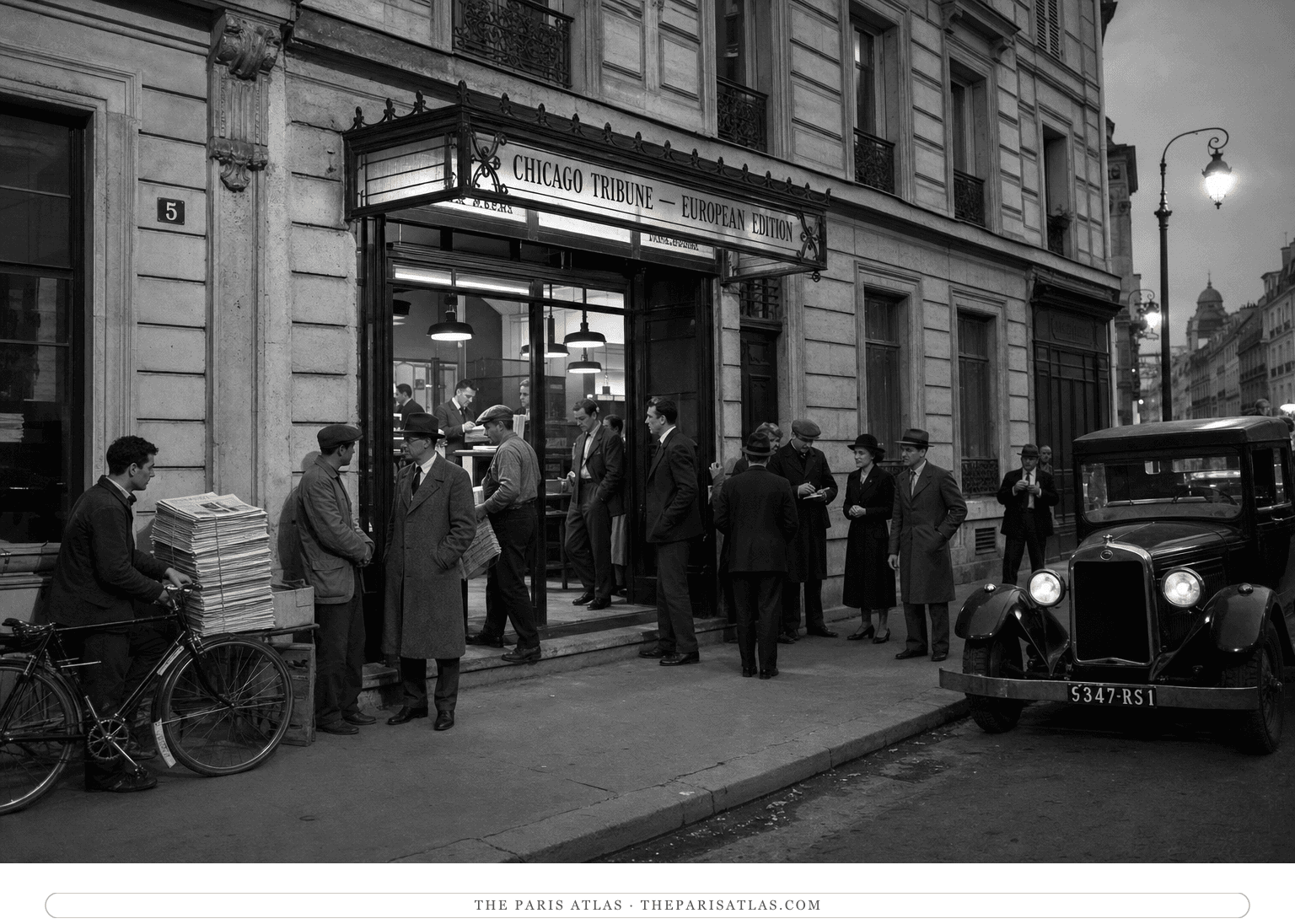 Black-and-white reconstruction of the Chicago Tribune European Edition entrance in 1931