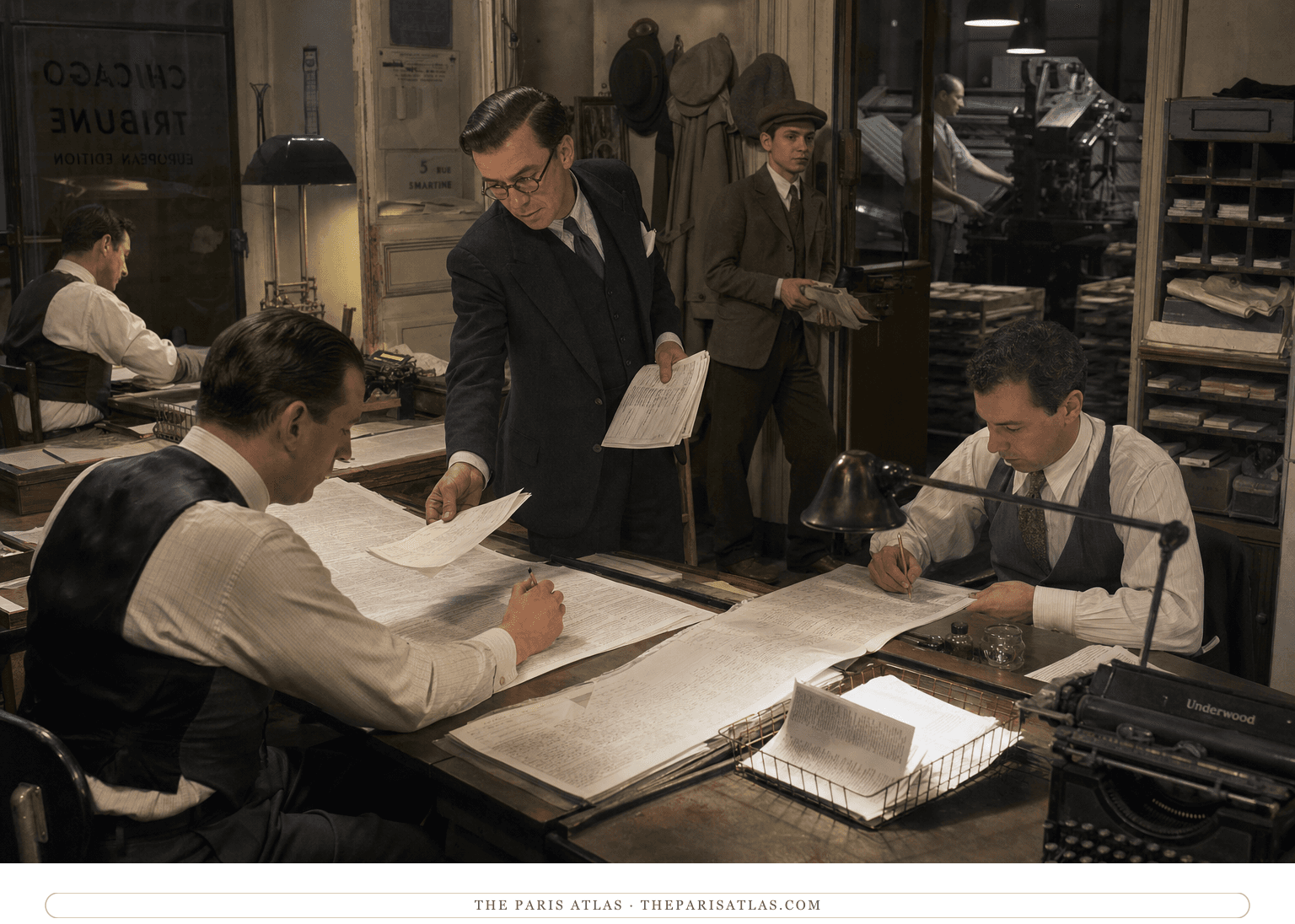 Invented proofreaders marking galley sheets in a reconstructed 1931 composing room