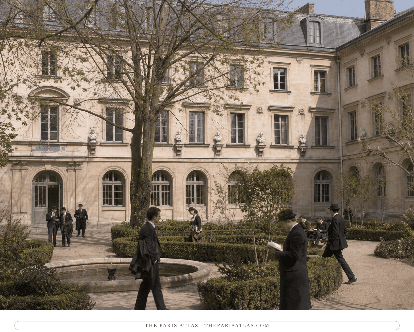Natural-color reconstruction of anonymous students in the ENS courtyard around 1928