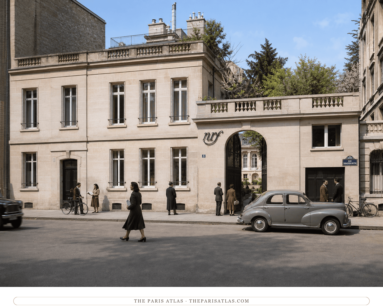 Natural-color reconstruction of anonymous publishing staff outside Gallimard around 1947