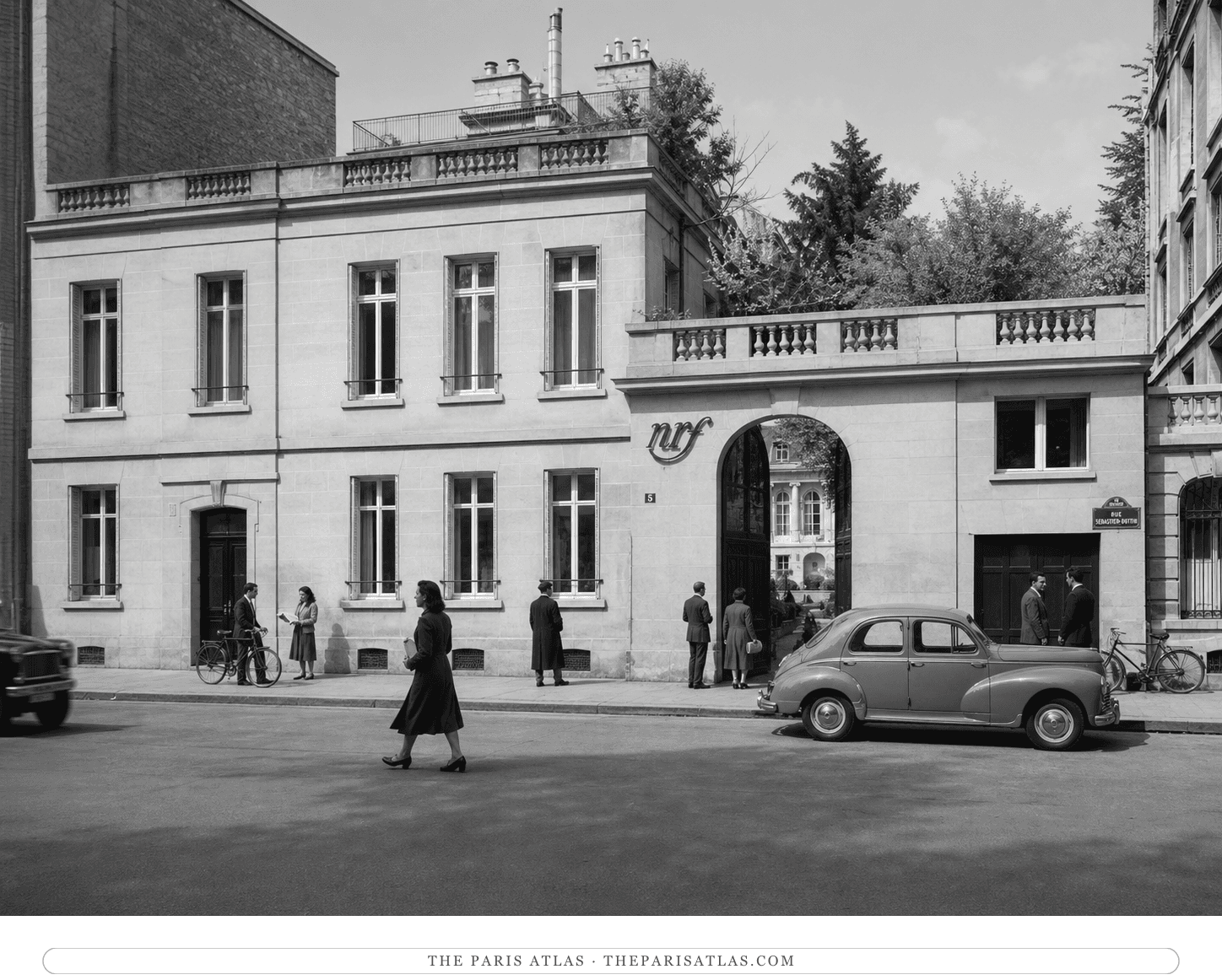 Black-and-white reconstruction of the Gallimard headquarters on rue Sébastien-Bottin around 1947