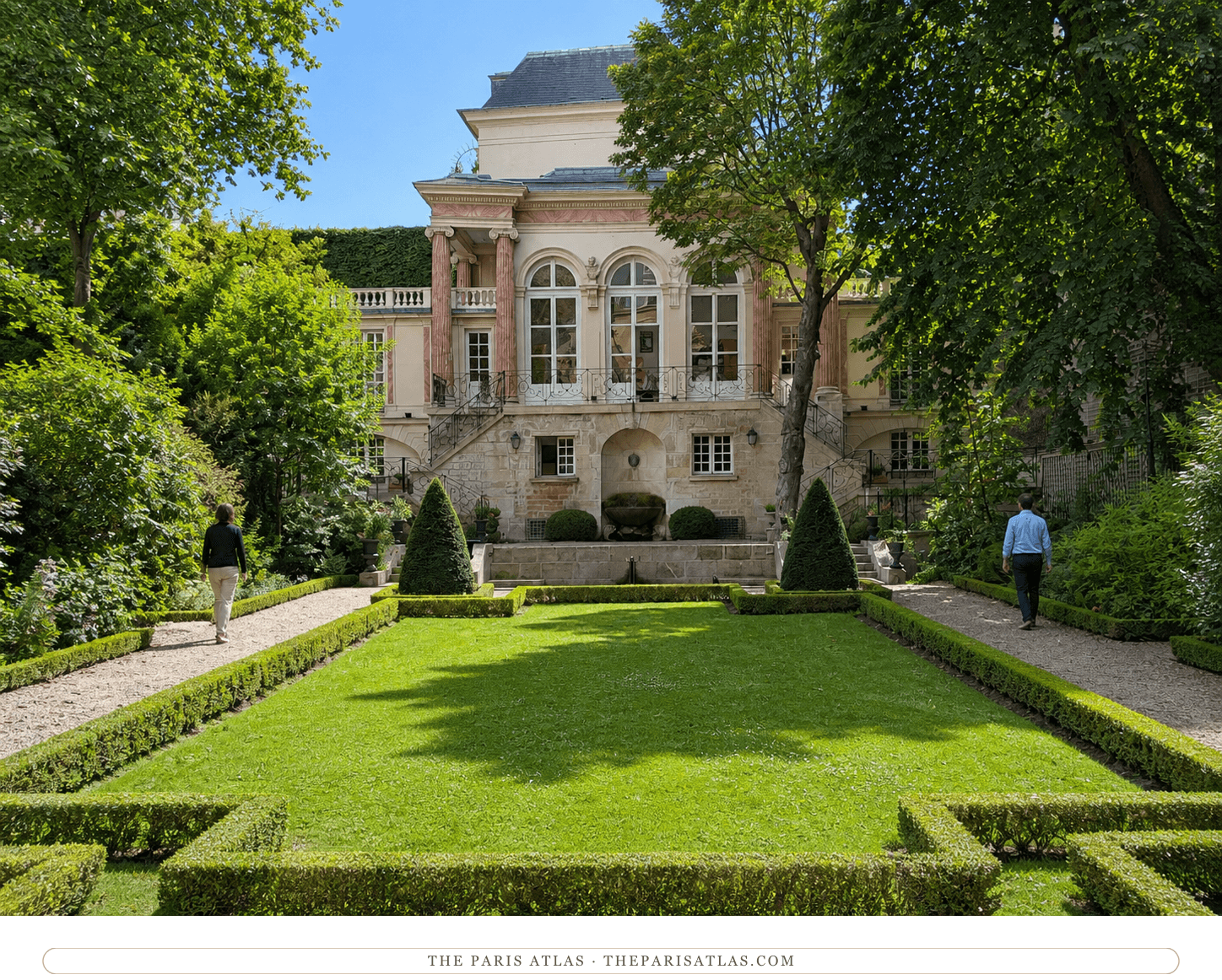 The clipped formal garden and pink-columned pavilion at Éditions Gallimard