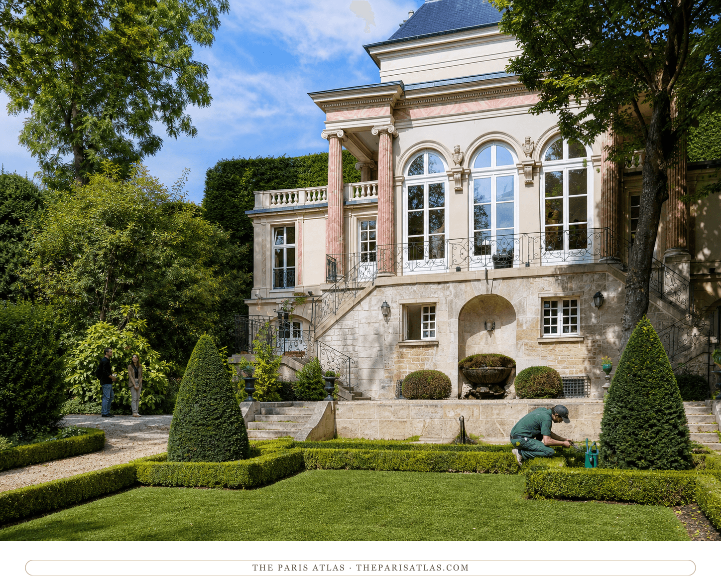 Close view of the arched pavilion and split staircases in Gallimard's garden