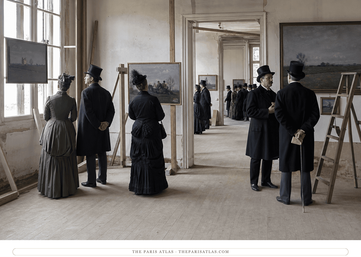 Visitors studying anonymous canvases in a second unfinished 1879 exhibition room