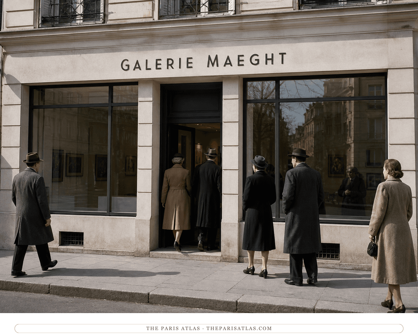 Natural-color reconstruction of anonymous visitors outside Galerie Maeght around 1946